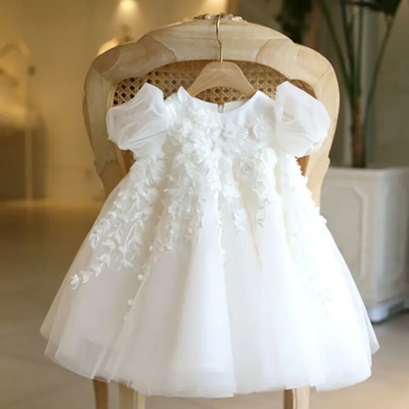 

Baby Lace Flower Girls Dress A-line Puffy Sleeve Tutu Baby Shower Dresses Little Girls White Communion Gown Embroider Princess