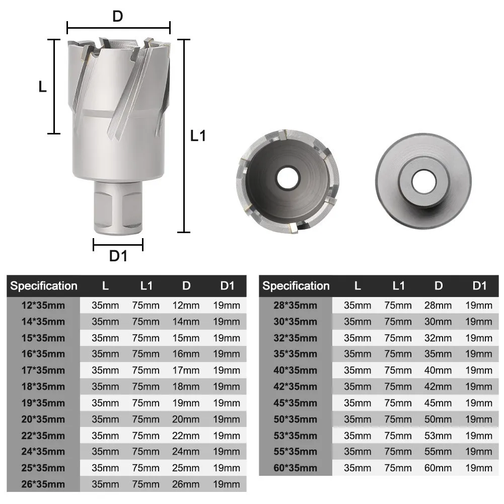 Meikela Diameter 12-60mm x 35mm TCT Annular Cutter ; Weldon Shank, 22 * 35mm Carbide Alloy Core Drill, 60 x 35mm Metal Hole Saw