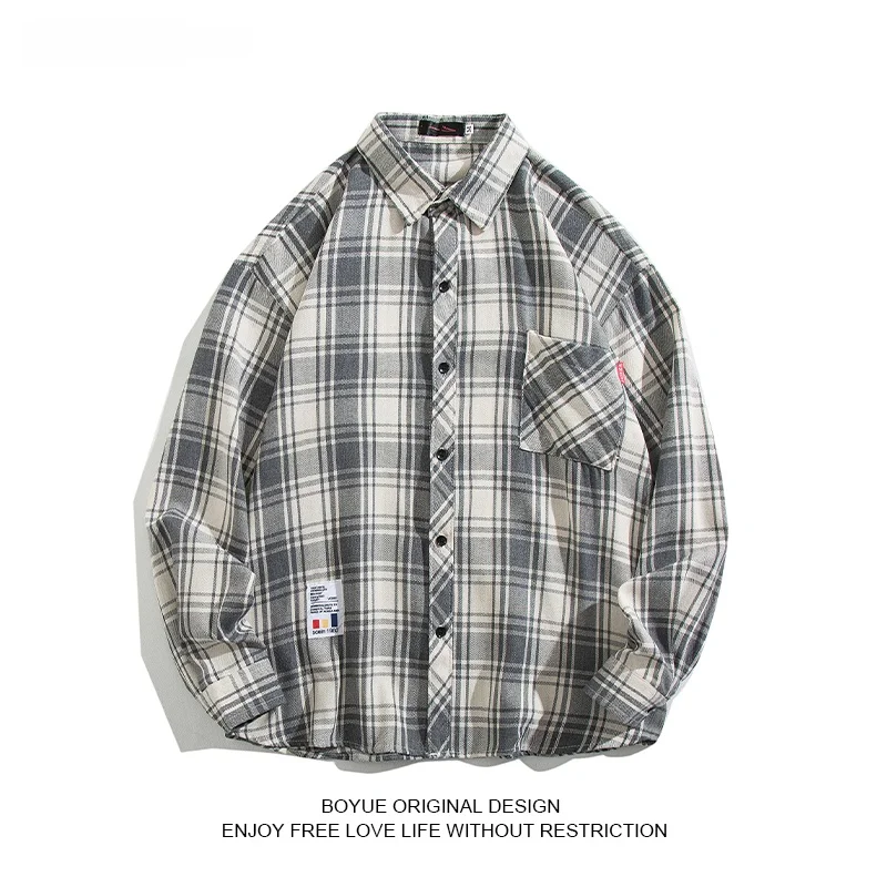 

Boyue Long Sve Plaid irt Men's Faion Retro Hong Kong Sle Color Blo y Autumn Spring Youth ular Loose Fit S...