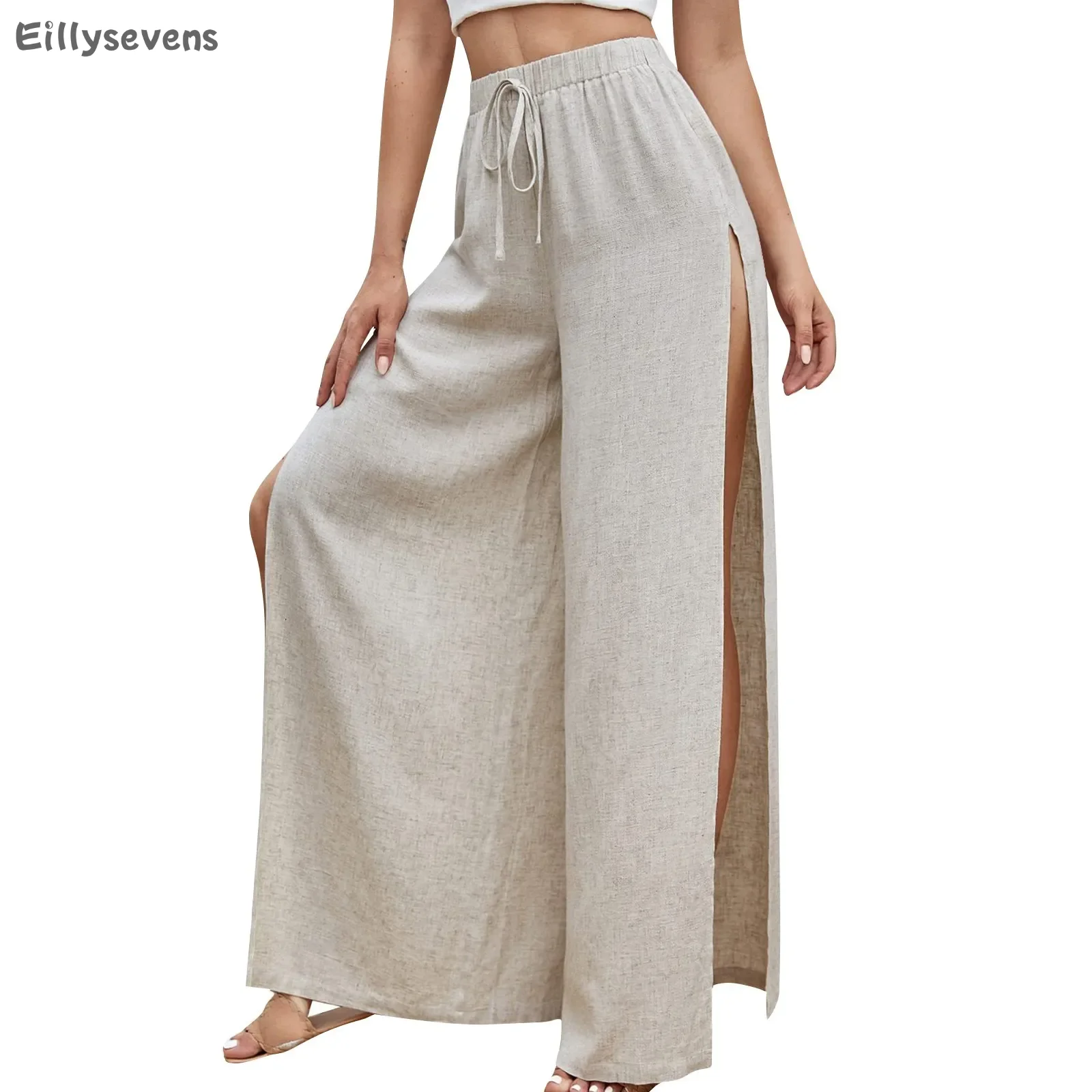 

women's pants trend Wide leg pants Fashionable And Sexy High Waist Drawstring Slit Thigh traf trousers pantalones de mujer