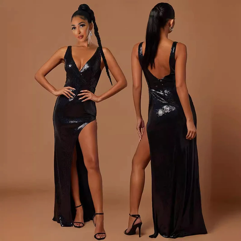

Women's 2024 Summer European and American Fashion Sexy Hanging Strap Backless Retro High Split Dress Vest Party Long Dress