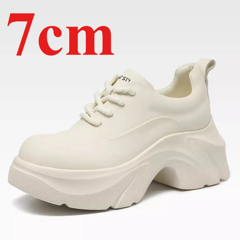 Genuine Leather 7cm Height Increasing Thick Soled Shoes for Women's Chunky Sneakers Comfortable Breathable White Leather Shoes