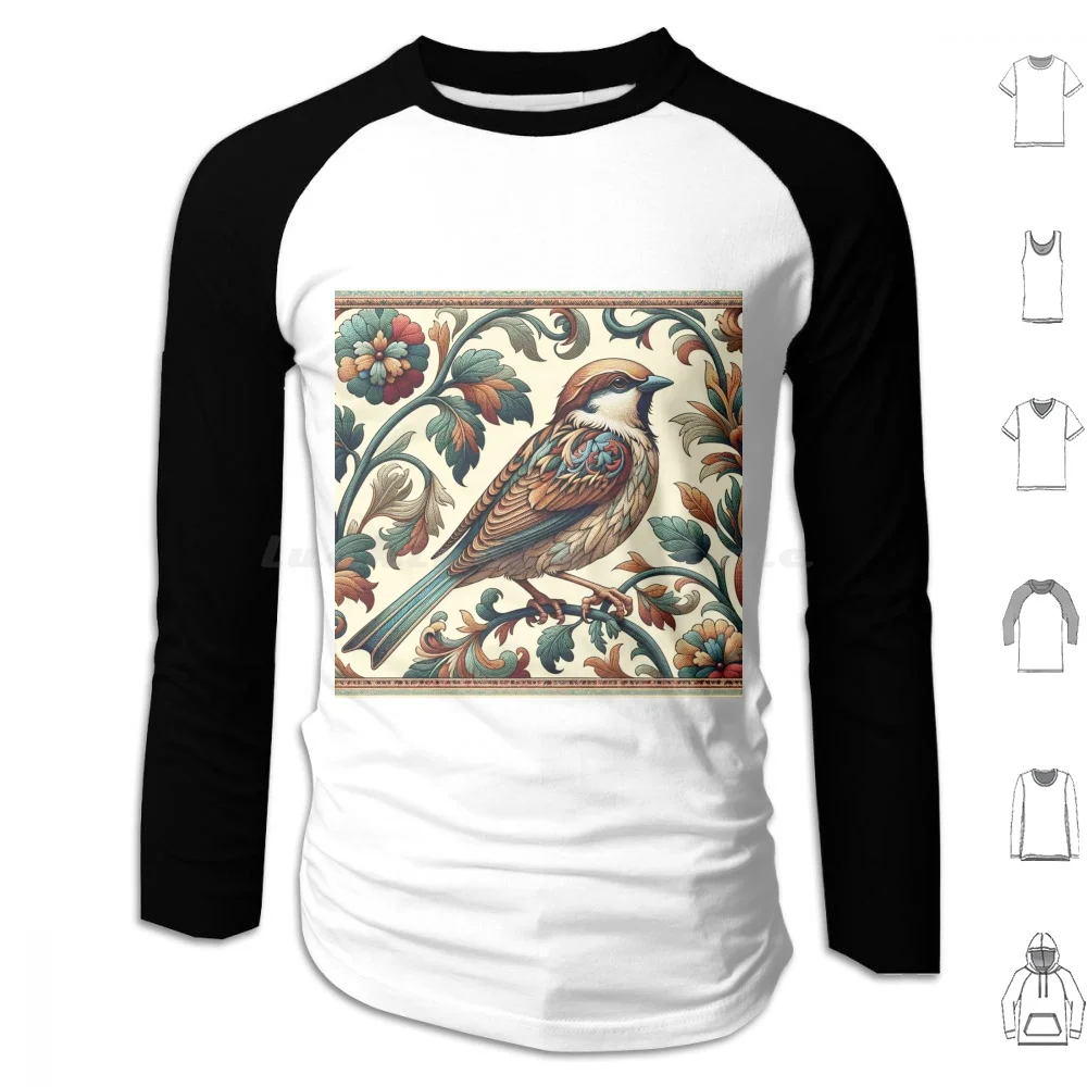 Whimsical Sparrow-Intricate Floral Art Hoodies Long Sleeve Sparrow Art Intricate Floral Bird Illustration Nature Art