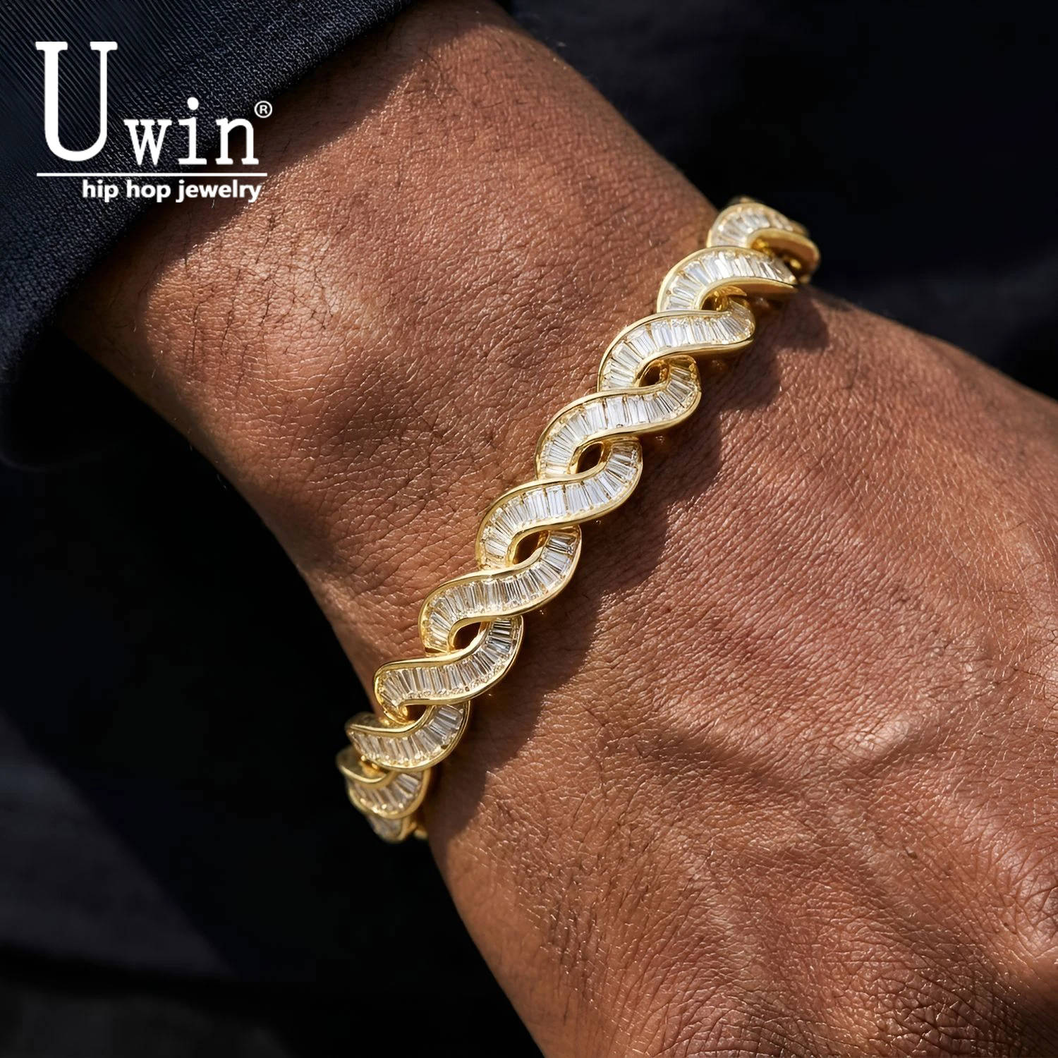 Uwin Men's Luxury Twisted Wave Bracelet Micro Pave Baguettecz DNA Wavy Link Chain HipHop Bling Wrist Jewelry