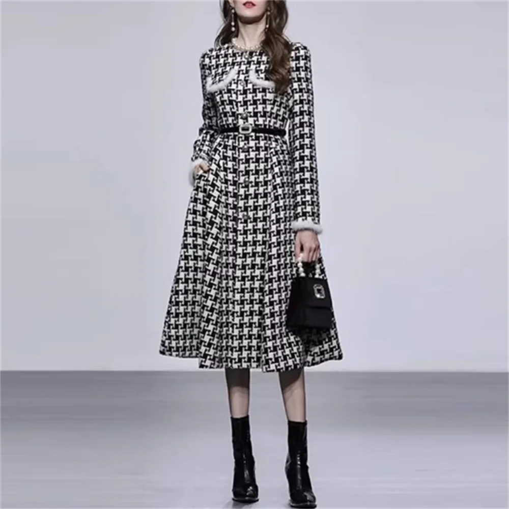 autumn and winter new thousand plaid woolen coat slim waist tweed coat