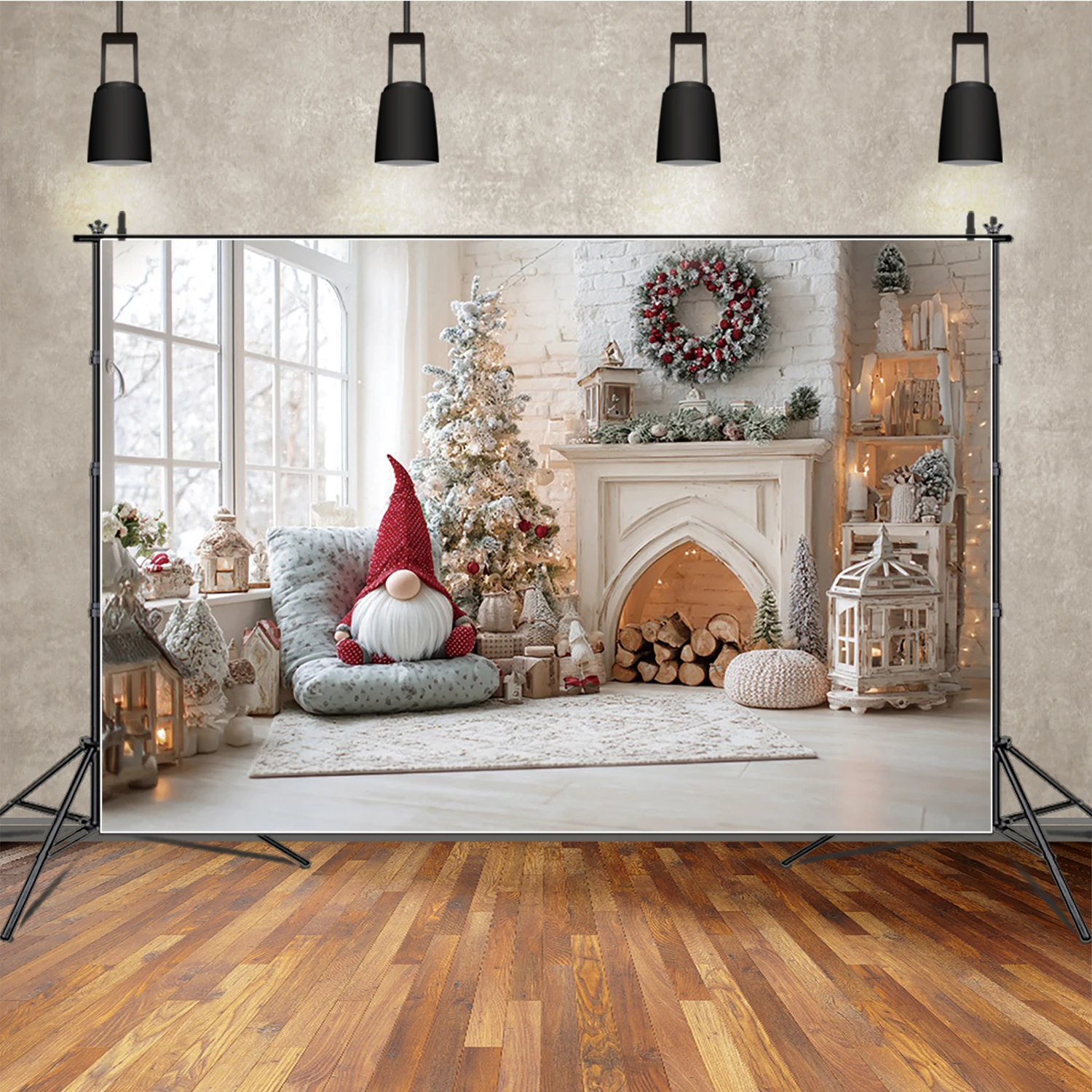 

MOON.QG Fireplace Photographic Background Garland Interior Santa Christmas Backdrop Photography Accessories Family Photozone