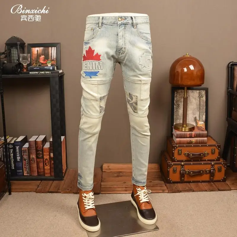Men's Vintage Style Denim Jeans, Bright Colored, Layered Stitching, Slim Fit, Embroidered Print, Street Style, Casual