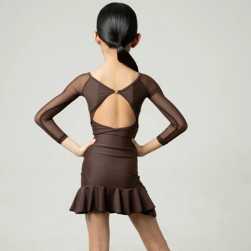 Kind Latin Dance Kleidung Mädchen Leistung Kleid Braun Langarm Tanz Anzug Cha Cha Rumba Bühne Tragen Praxis Kleidung AMY1635
