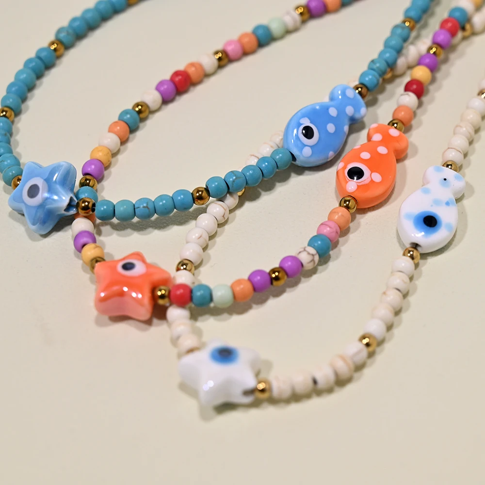 Ceramic Fish Necklace for Women Artificial Turquoise Beads Star Devil\'s Eye Choker Necklace Fashion Daily Wear Jewelry