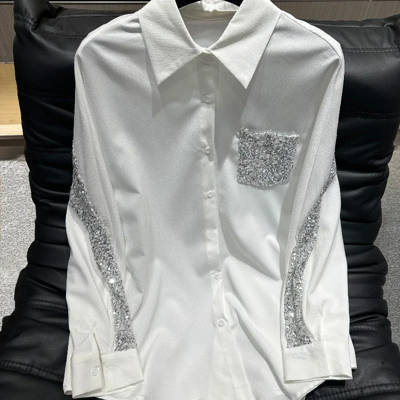 Heavy Industry Sequined Splicing White Shirt Female 2024 New Casual Long-sleeved Shirt Spring and Autumn Lapel Womens Tops