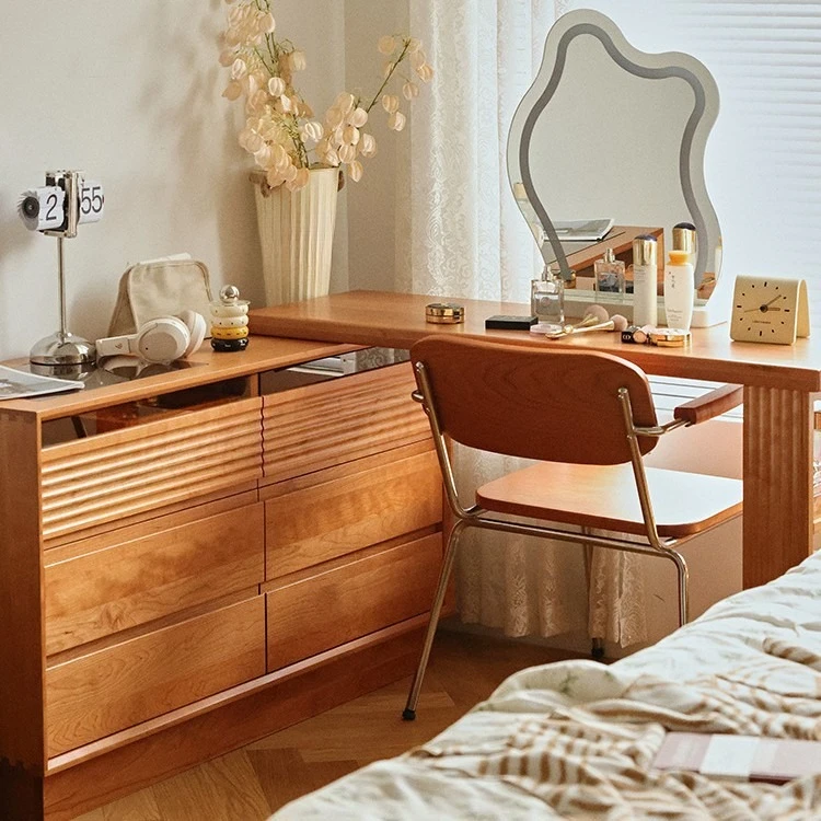 خزانة طاولة مكياج من الخشب الصلب الاسكندنافي مدمجة، خزانة جانبية للسرير من خشب الكرز قابلة للسحب #4