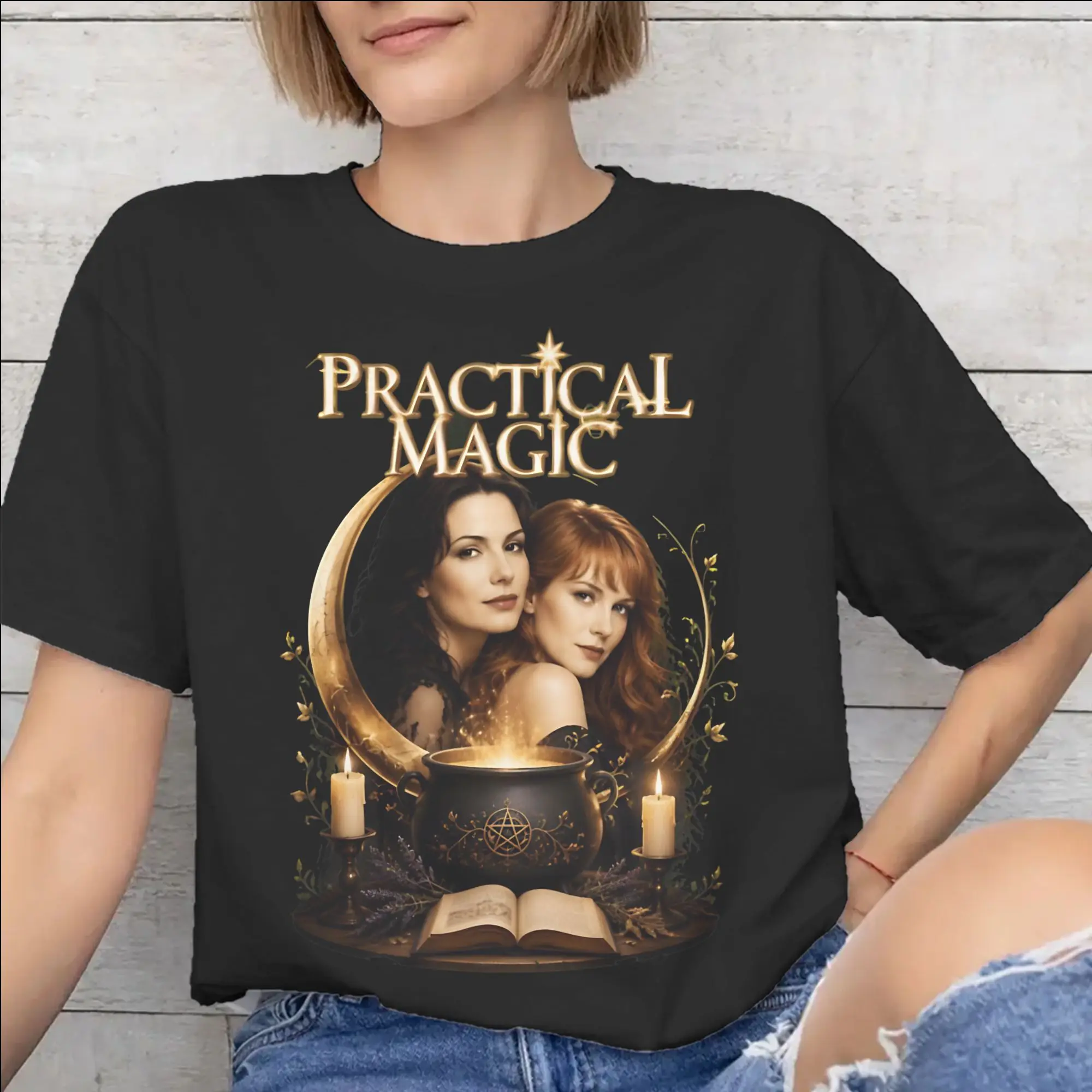 Printed Practical Magic Witchcraft Spellcasting Occult Cauldron Pentagram Witchy T Shirt For Unisex  Cotton Tee Shirt