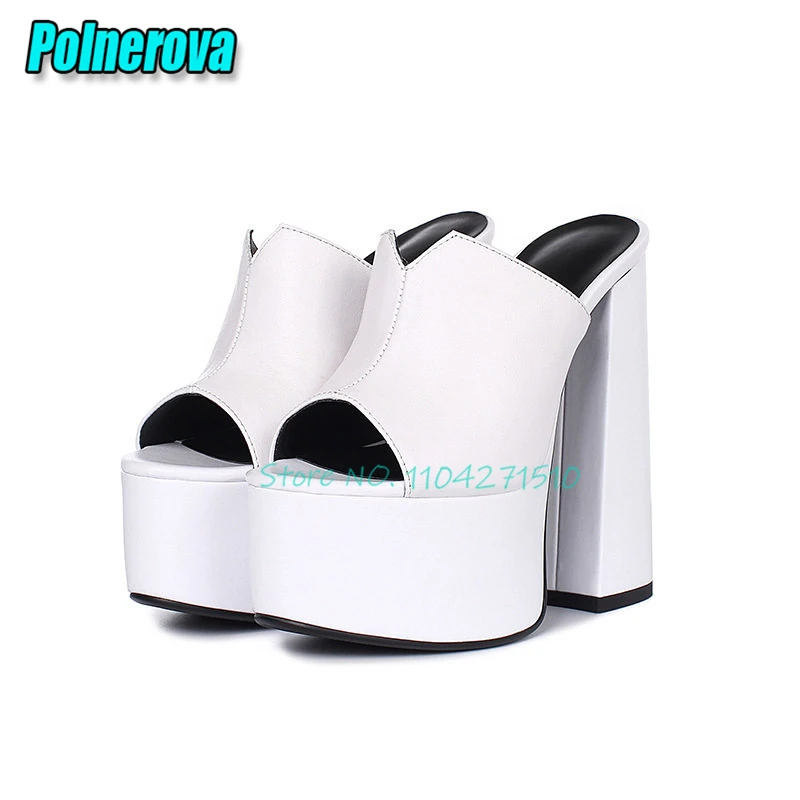 Summer New White Leather Platform High Heels for Women Sexy Open Toe 15CM Thick Heel Slippers Fashion Party Nightclub Shoes
