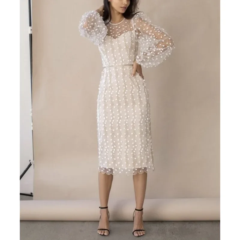 2023 New Sexy Lace Mesh See-through Embroidered High Waist Dress Womens Dress Women Lantern Sleeve O-Neck Slim Fit Elegant Dress