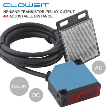 Cloweit DC24V AC250Vリレー出力4mレトロ反射型フォト電気近接センサースイッチ12-250v npn/pnpトランジスタ/リレー