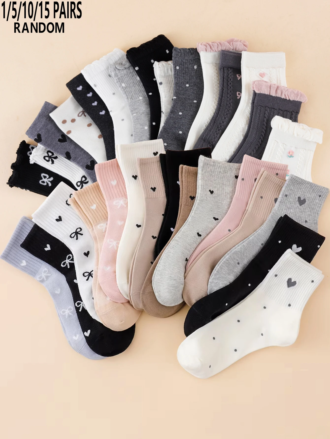 1/5/10/15 Pairs Random Solid & Multi-color Bow Mid-Calf Socks, Comfortable & Versatile