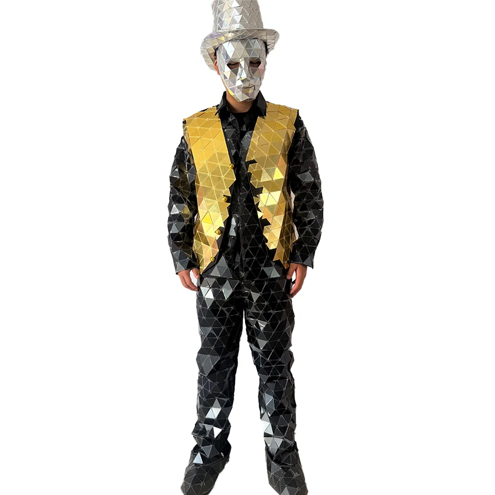 Mirror Hat Mask Men Costume Black Gold Luxury Show Party Stage Dance Suit Hand Sewn Halloween Christmas Easter Costume for Men