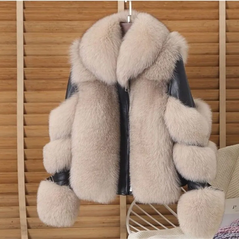 2025 New Outerwear Tops Warm Imitation Fox Fur Coat Imitation Leather Full Fox Fur Motorcycle Jacket Luxury Women Winter Jacket