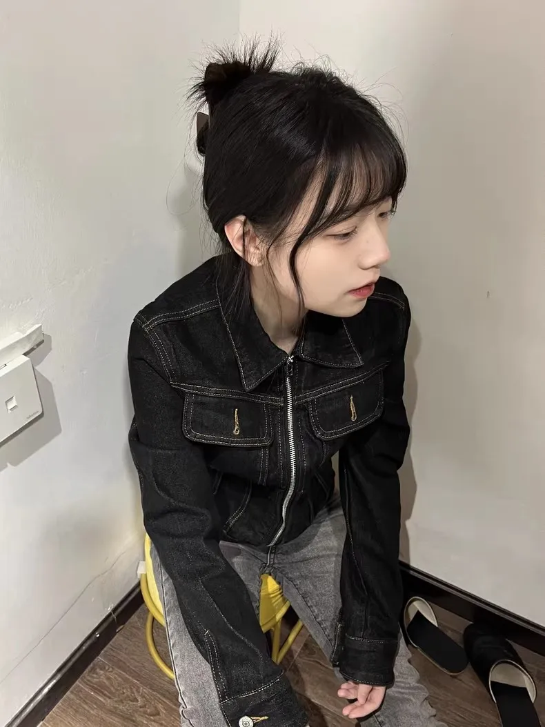 레트로 칼라 지퍼 데님 재킷 슬림 피트 짧은 카디건 여성 패션 가을 다목적 셔츠 슬리브 스타일 얇은 겉옷