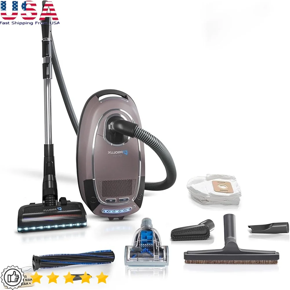 

QX60 Pet Bagged Canister Vacuum with Sealed HEPA Filtration 3 Stage True HEPA Filter 5 Speed Motor Pet Hair Brushroll Tool Set