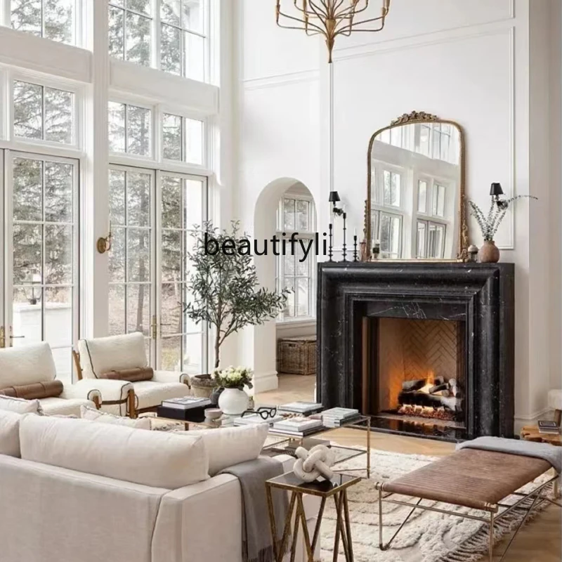 

Natural marble fireplace stone carving American simple living room ornament black and white root fireplace