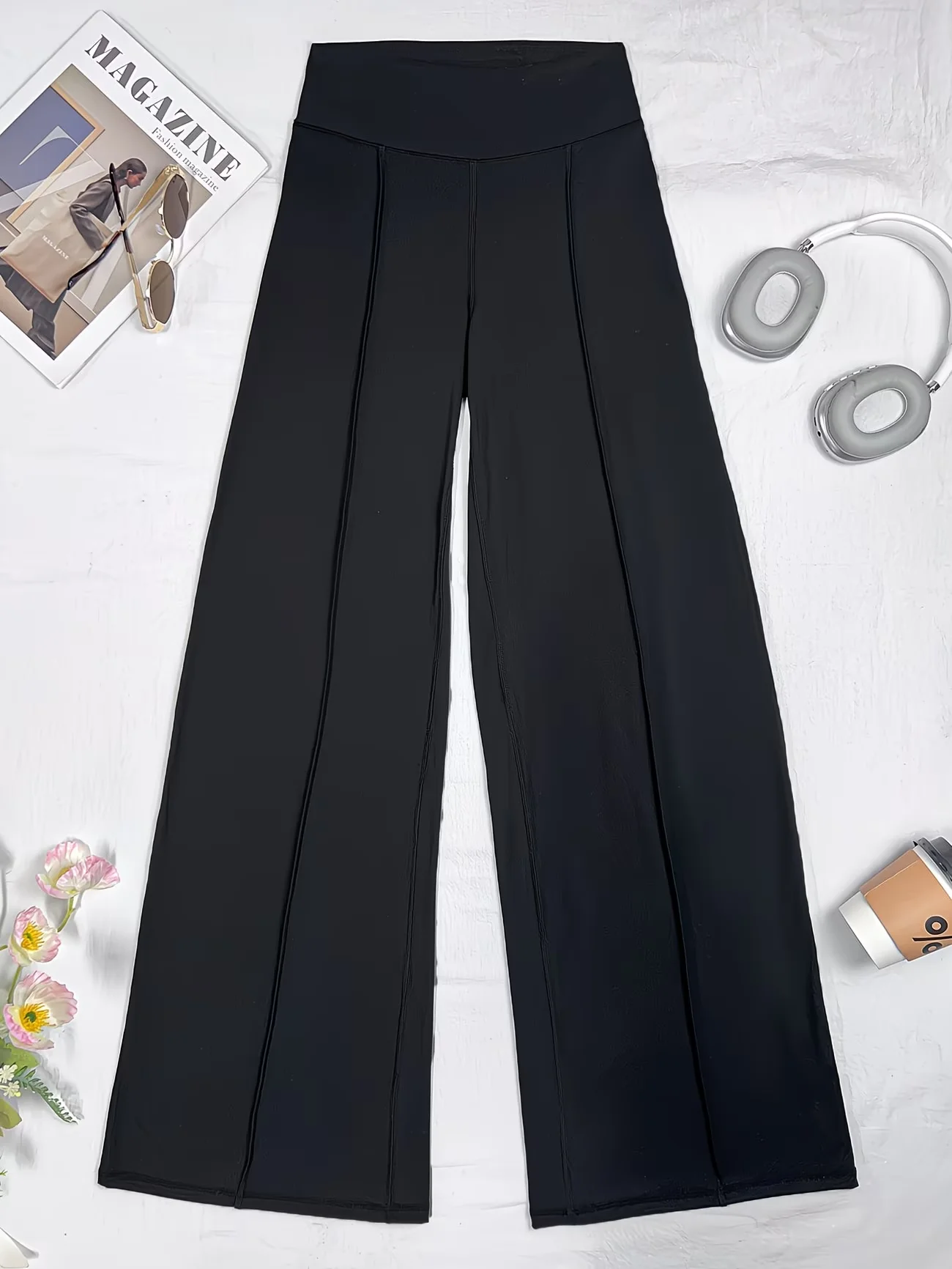 Women Slim Fit Wide Leg Pants Black Versatile Embossed Design Straight Pants Solid Color Casual Sports Yoga Pants For Daily Wear