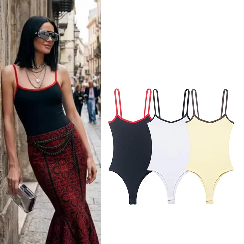 Women's Bodysuit 2026 New Summer Colour-Blocked Trim Bodysuit for Women Elegant Chic Personality Spaghetti Strap Bodysuit