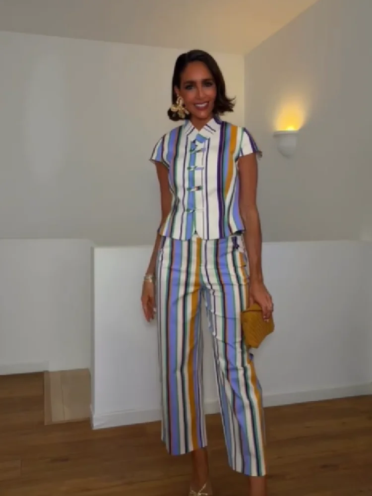 Retro Colorful Vertical Stripe Set Women Chic Sleeveless Stand Collar Vest High Waist Flare Capri Pants Summer Vacation Outfit