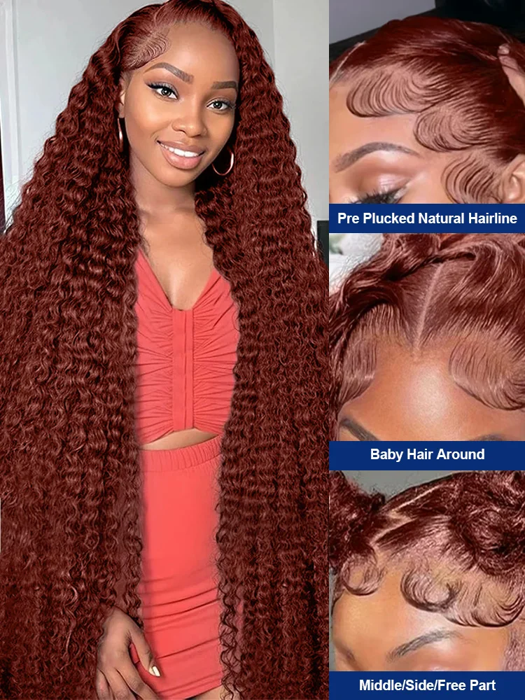 Reddish Brown Deep Wave 13x4 HD Lace Frontal Wig Colored Pre Plucked 40 Inch Curly 13x6 Lace Front Human Hair Wigs For Women