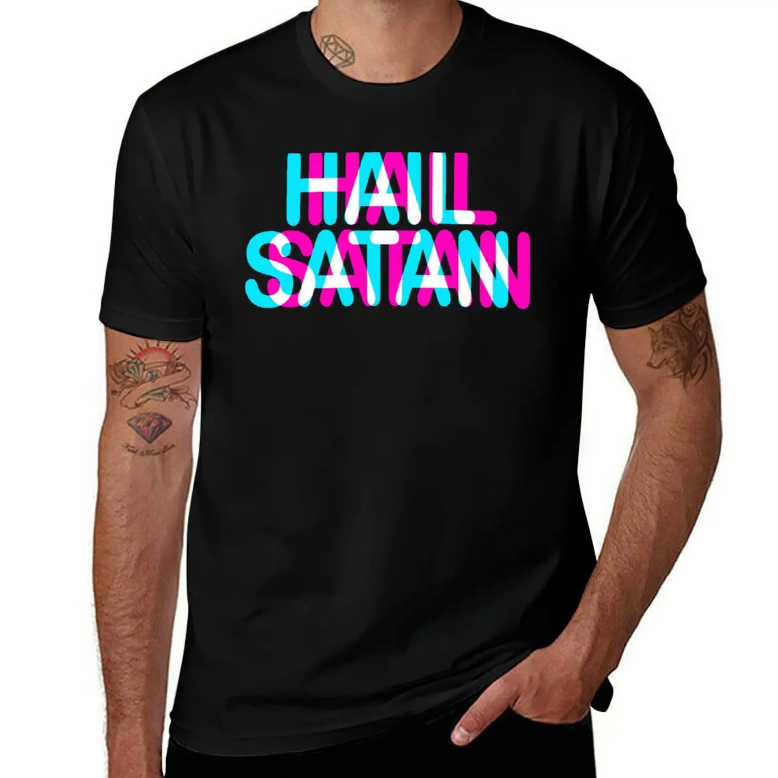 

HAIL SATAN - TRIPPY 3D TEXT T-Shirt man t shirt designer cotton tshirt 100% t shirts designer T-shirt