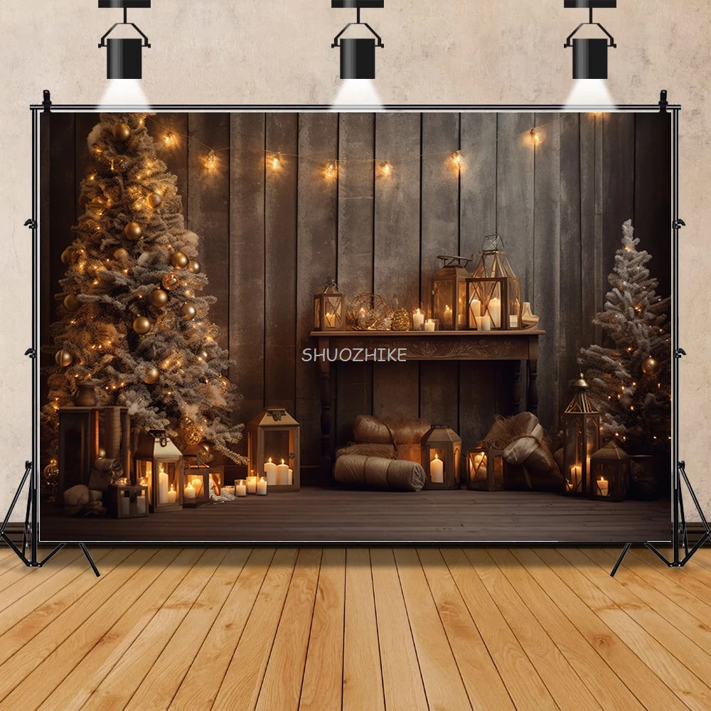 Christmas Day Photography Backdrops Prop Fireplace Window Winter Xmas Tree Decoration Flower Garland Wood Door Background JU-02