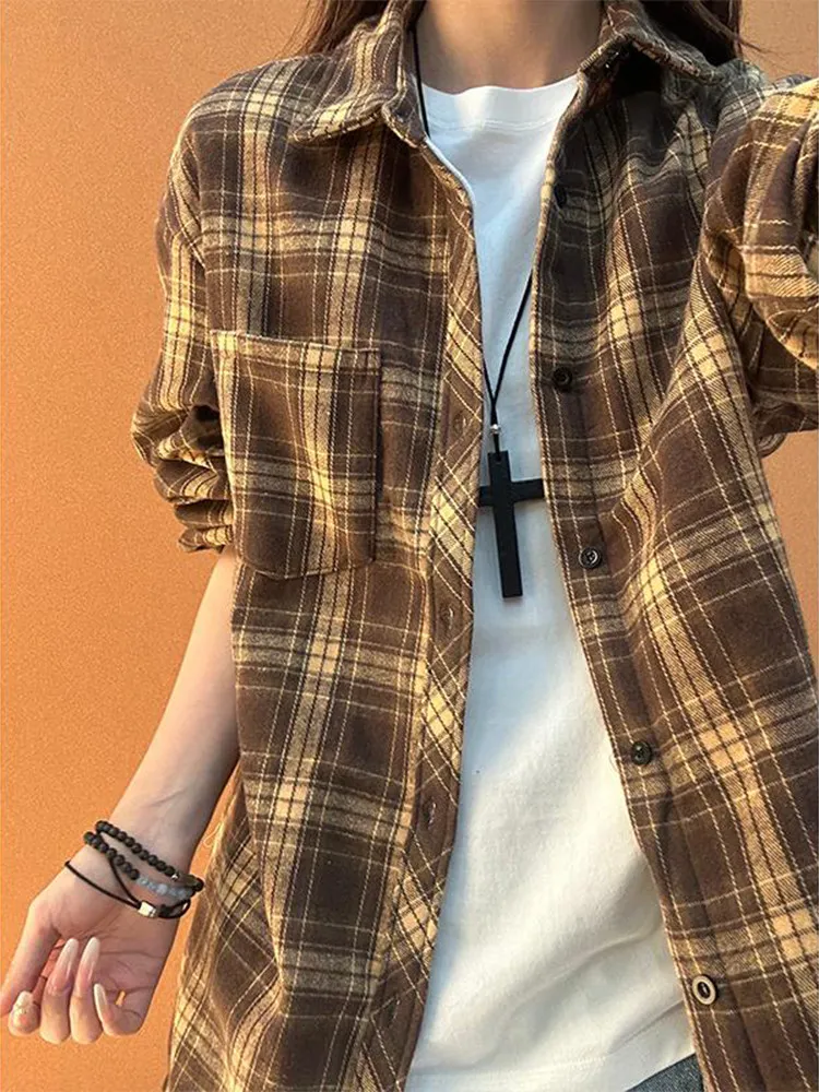 Retro American Plaid Shirt Men's Autumn High Sensation Handsome Long Sleeve Shirt Cleanfit Layering Inner Wear Outerwear