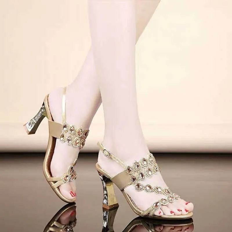 High Heels Sandals Women Summer Shoes Party Shoes Fashion Medium Heel Temperament Rhinestones Square Heel Sandals