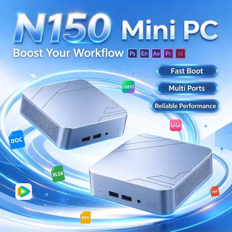 Mini PC N150 sem Ventoinha, 16GB DDR4, SSD M.2 NVMe de 512GB, 3x Saída DP 4K 60Hz, WiFi6, BT5.2, Desktop Compacto Silencioso para Trabalho em Casa ou Escritório
