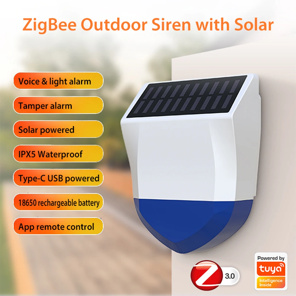 Tuya Smart Zigbee/Wifi Siren Alarm Waterproof Outdoor With Solar And USB Power Supply Optional 95dB Remote Control