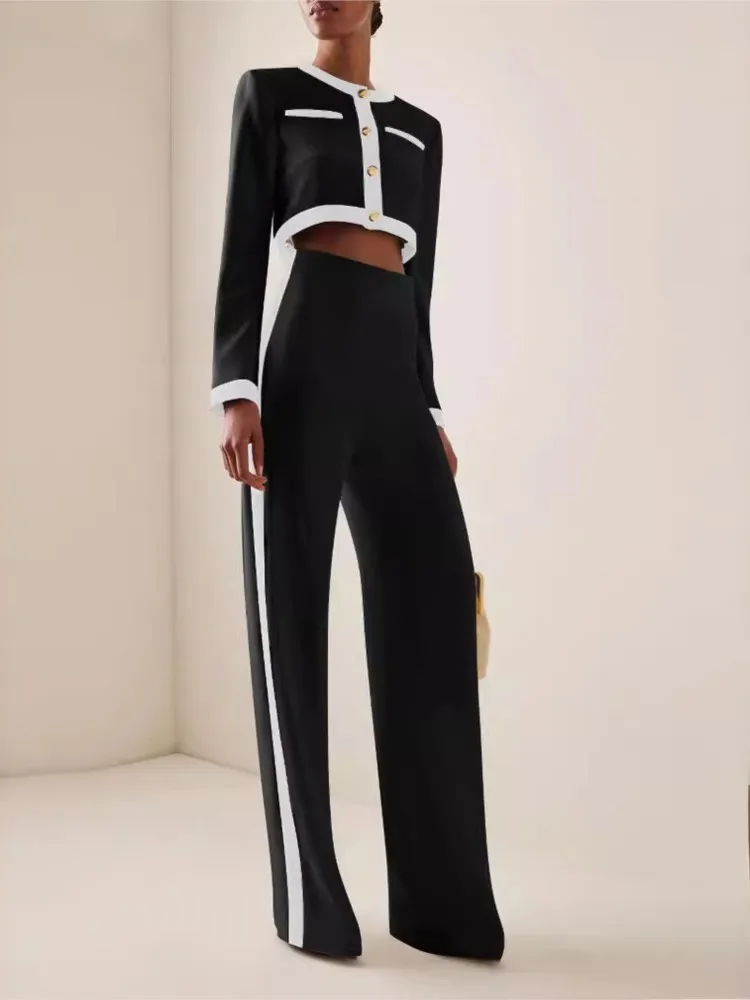 Fashion Women Office Long Pant Suit 2024 New Fall Side Striped Short Top High Waisted Pants Temperament Female Professional Suit