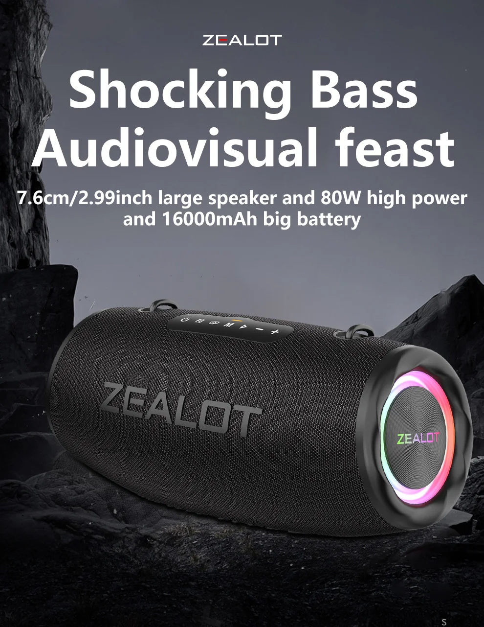 ZEALOT-S87 80W Hochleistungs-Bluetooth-Lautsprecher Tragbarer RGB-Farbbeleuchteter Wasserdichter Kabelloser Subwoofer 360° Stereo-Surround – Detail 4