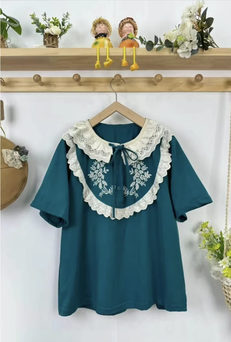 Summer Sweet Mori Kei Girls Embroidered Lace Patchwork Shirts Women Japan Style Loose Tops Cotton Lace-up  Shirts/Blouses