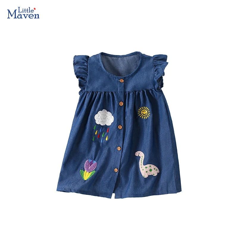 Little maven 2024 Summer Baby Girls Embroidery Dinosaurs Dress Children\'s Clothing Denim Skirt Vestidos for Kids Clothes