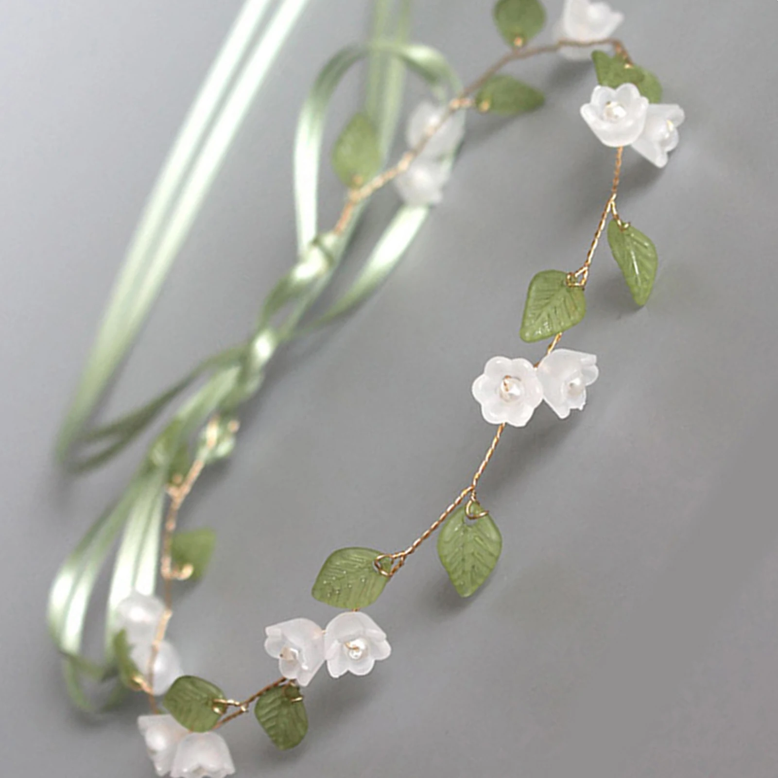 Simulated Flower Hairband Wedding Hair Accessories For Women Pearl Bridal Headbands With Green Ribbon Marriage Hair Jewelry image 4