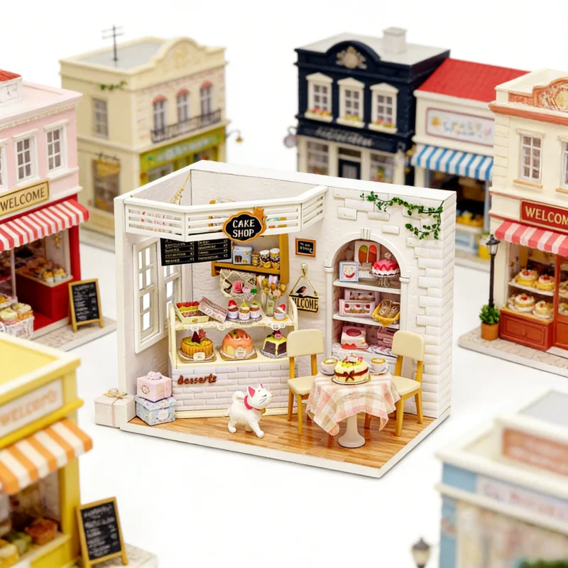 OUZEY Zoete Bakkerij Poppenhuis DIY, 3D Houten Miniatuur Cake Shop, Creatief Verjaardagscadeau voor vriendin en tieners