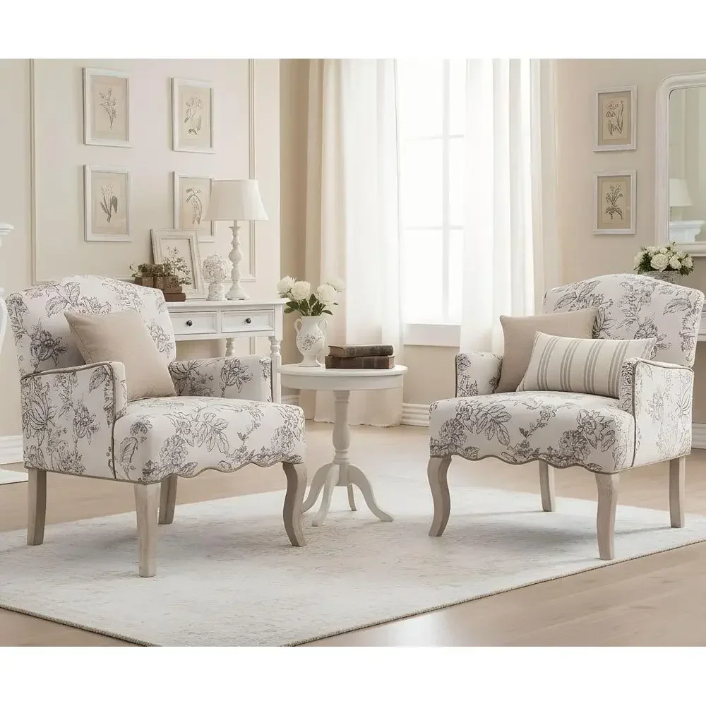 Set of 2 Fabric Comfortable Single Sofa Upholstered Modern Reading Chairs with Removable Pillows, Wingback Armchairs for Living
