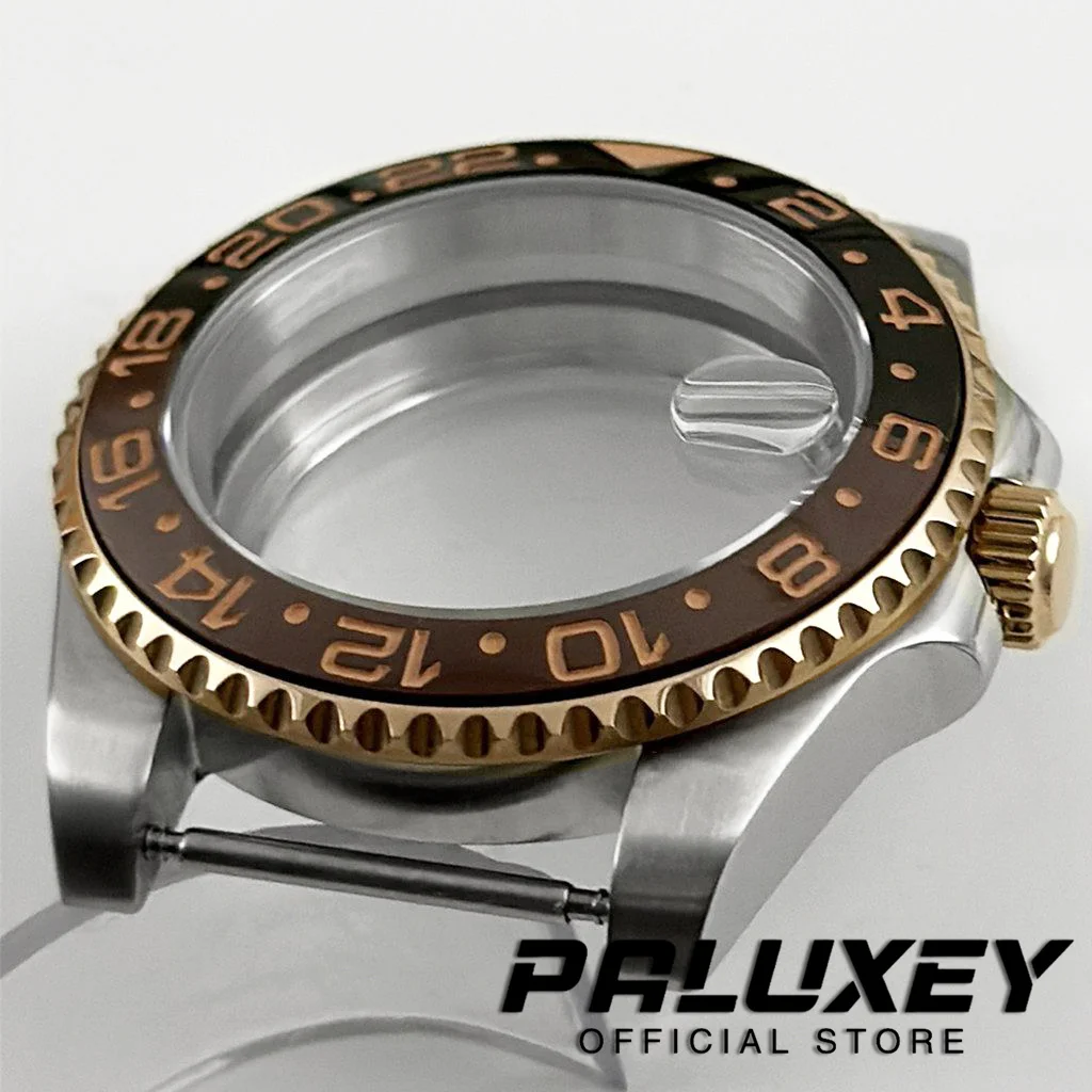 Boîtier de haute qualité plaqué or Rose, verre saphir en acier inoxydable pour mouvement NH34 NH35 NH36 ETA2824, boîtier de montre GMT étanche