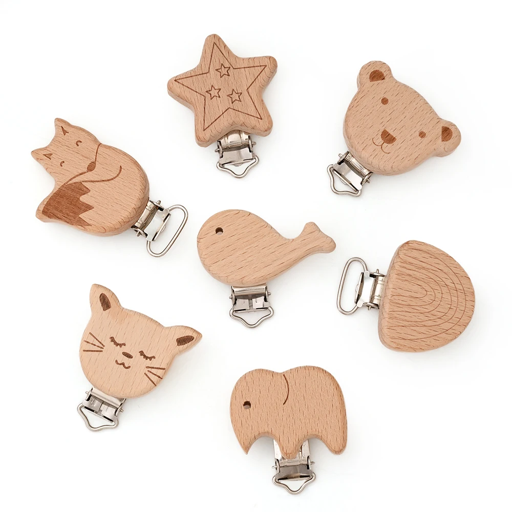 Clips para chupete de haya, 5 uds., forma de Animal, Clip para chupete de madera para dentición, cadenas con Clip para chupete para mordedor de bebé, accesorios de lactancia