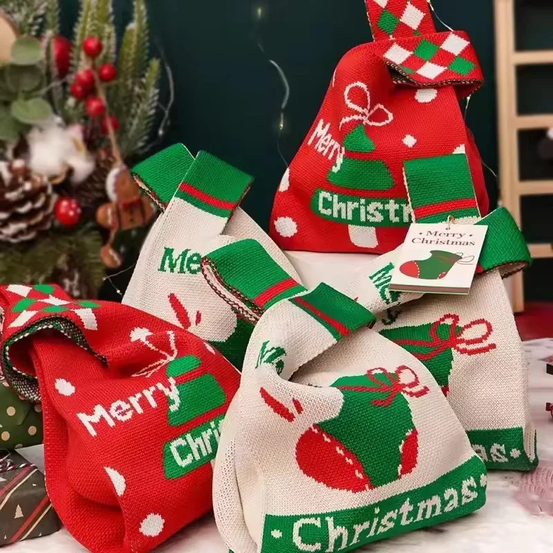 Christmas Eve Santa Decorated Knitted/Canvas Apple Wrapping Bags for Holiday Gifts to Relatives - Eco-Friendly Gifting Solution