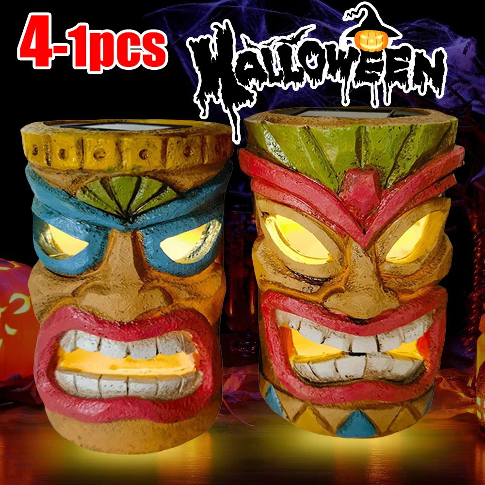 

Уличное освещение на солнечной батарее Tiki Totem Decor с Гавайскими мотивами, креативные садовые статуи газона, светодиодные лампы, декор для Хэллоуина