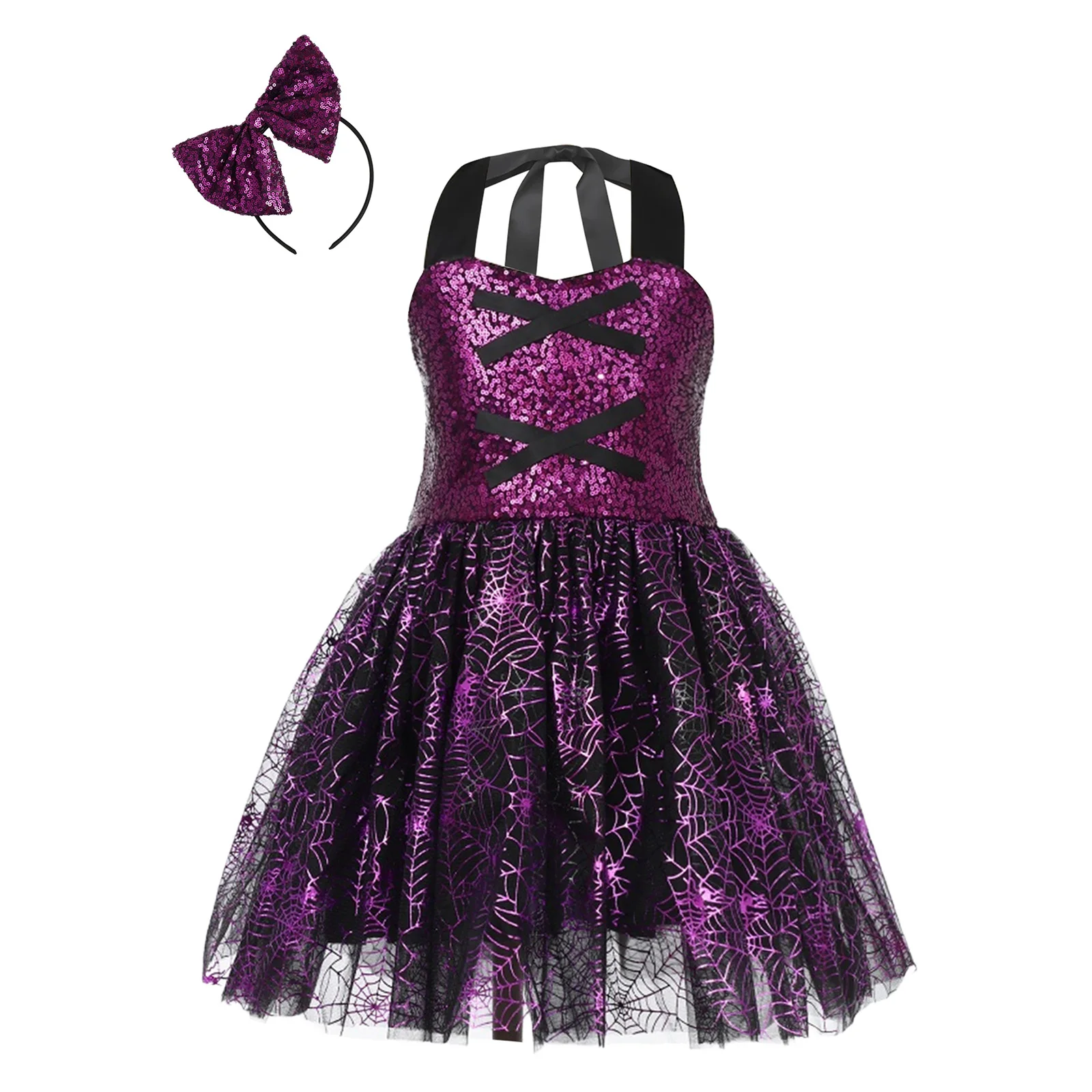 # 1T-11/12 الساحرة تأثيري الترتر الرسن عارية الذراعين توتو فستان مع القوس المتطابقة أغطية الرأس للحفلات تأثيري هالوين الساحرة تحت عنوان #3