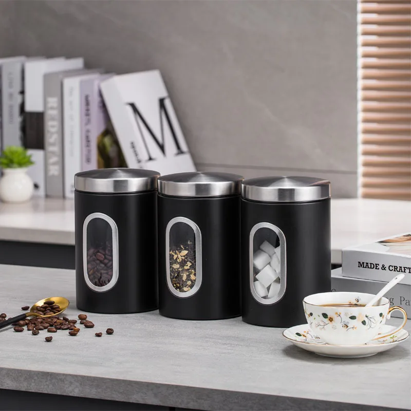 

3PCS Stainless steel visual window storage tank Kitchen food sealed jars Storing coffee beans tea leaves sugar