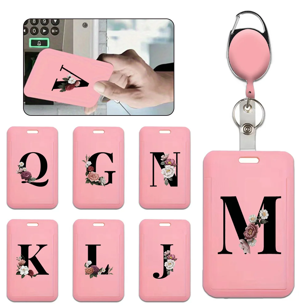 Retractable Buckle Plastic Id Badge Holder Keychain Name Tag Holder Employee Work Badge Protector Black Floral Letter Pattern