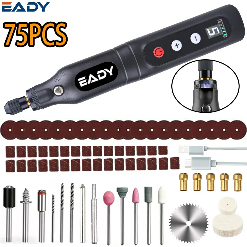 EADY Akku-Rotationswerkzeug, Mini-Bohrmaschine mit 5 Geschwindigkeiten und LED-Arbeitslicht, USB-C Mini-Graviermaschine für Schmuck, Holz, Metall, Glas, DIY-Set – Detail 8